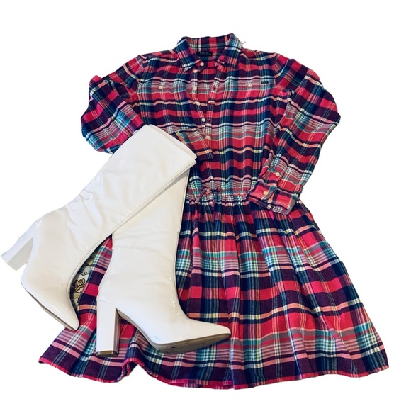 Polo Ralph Lauren hot pink navy plaid flannel long sleeve button up mini dress S - Picture 6 of 12